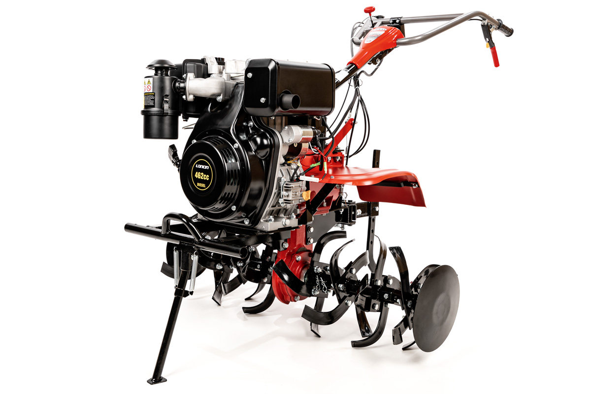 Loncin L103D2 mullafrees, diiselmootor LCD460FD, 462 cm³, 2 edasikäiku, 1 tagasikäik, töölaius 103 cm, 4+4 freesitera, 96 kg, rattad komplektis